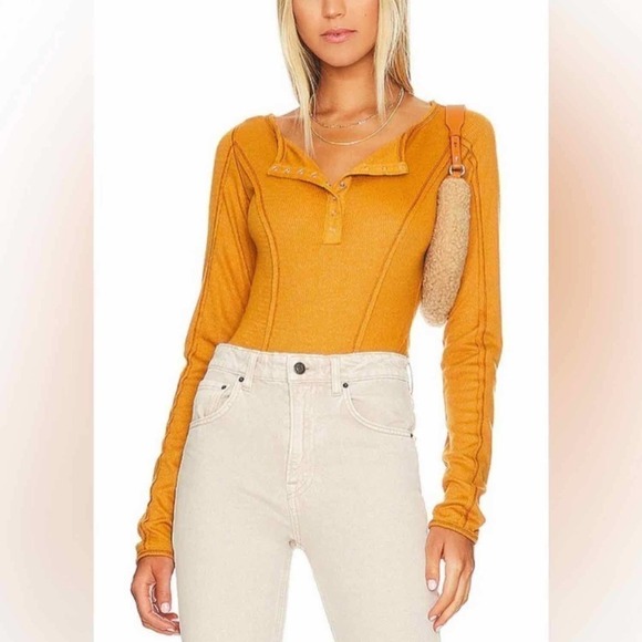 Free People Tops - Free People Sloane Bodysuit Long Sleeve Snap V Neck Ribbed Amber Size Small